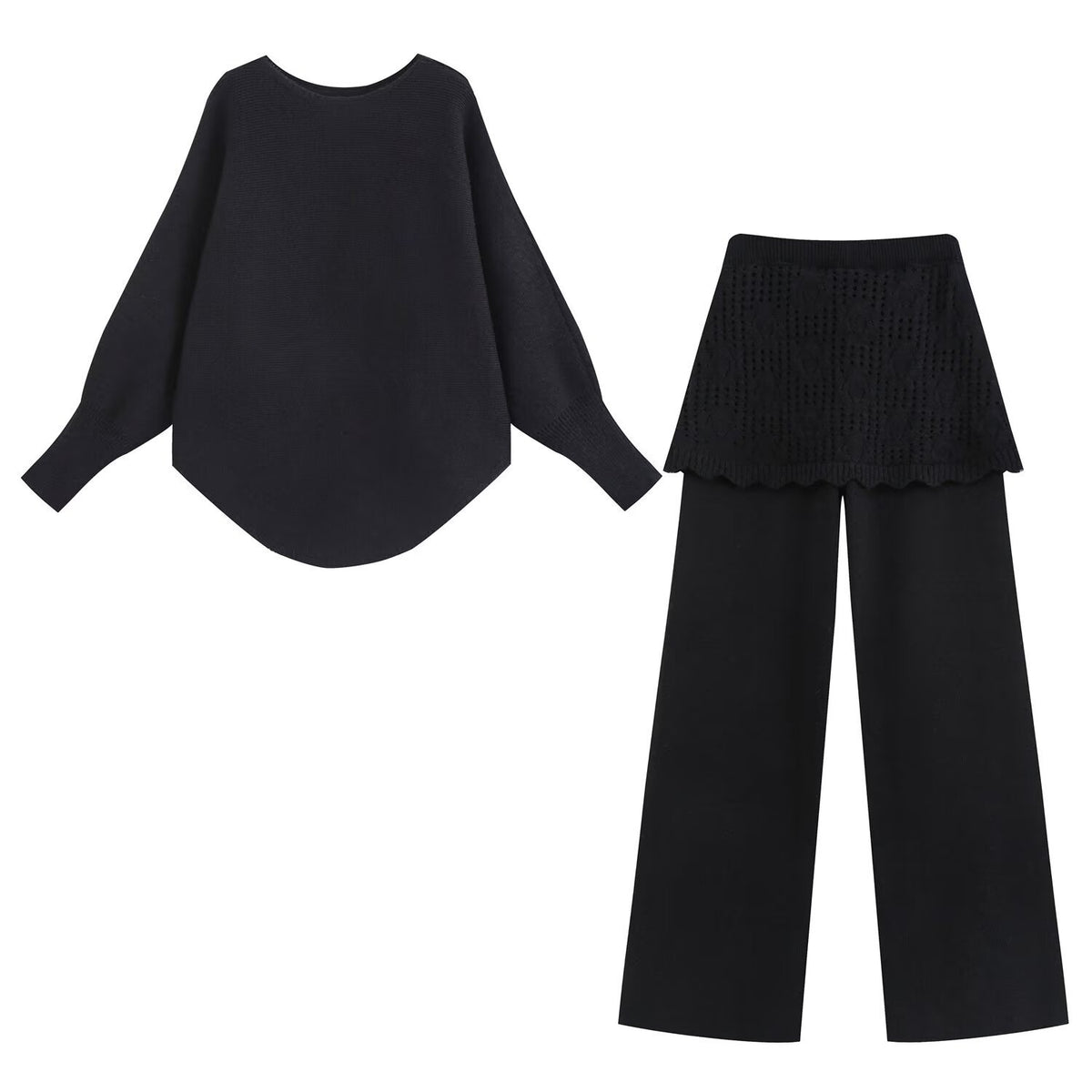 Ladies Two-Piece Knit Set with Oversized Sweater, Lace Pattern Mini Skirt and Wide Palazzo Pants EVA-US