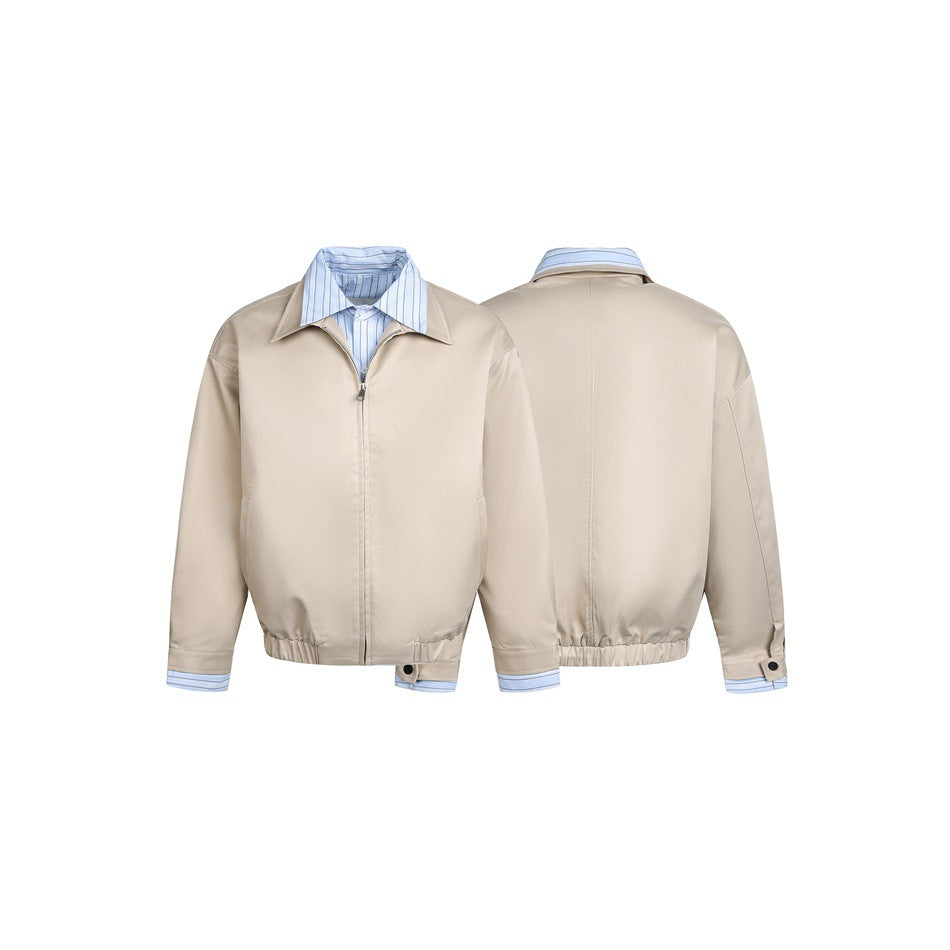 Women short cut boxy blouson jacket with striped shirt collar EVA-US