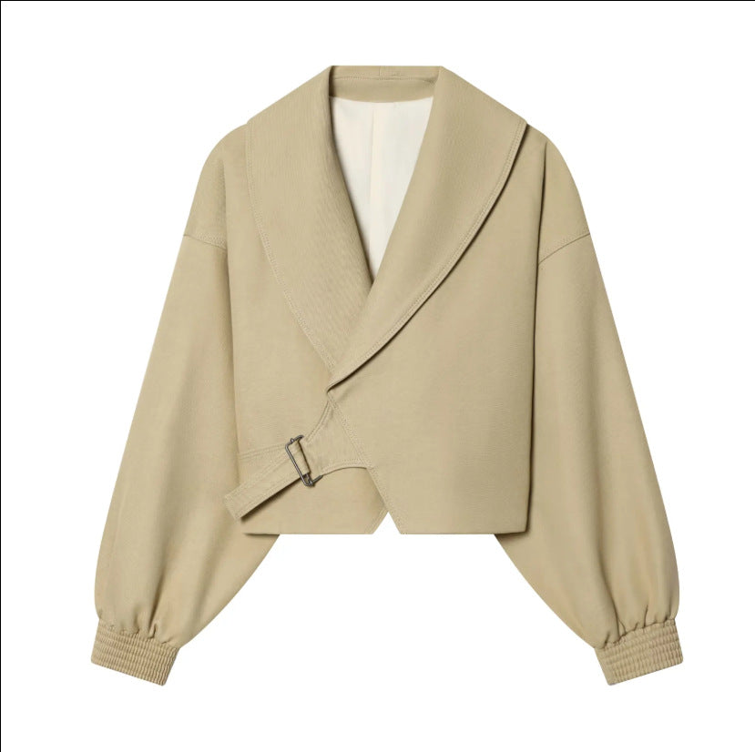Women's short jacket with wide sailor collar, balloon sleeves, and asymmetrical buckle closure EVA-US