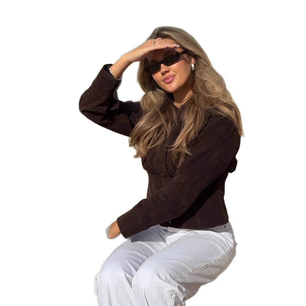 Women's short jacket made of suede in shirt jacket style with attached breast pockets EVA-US
