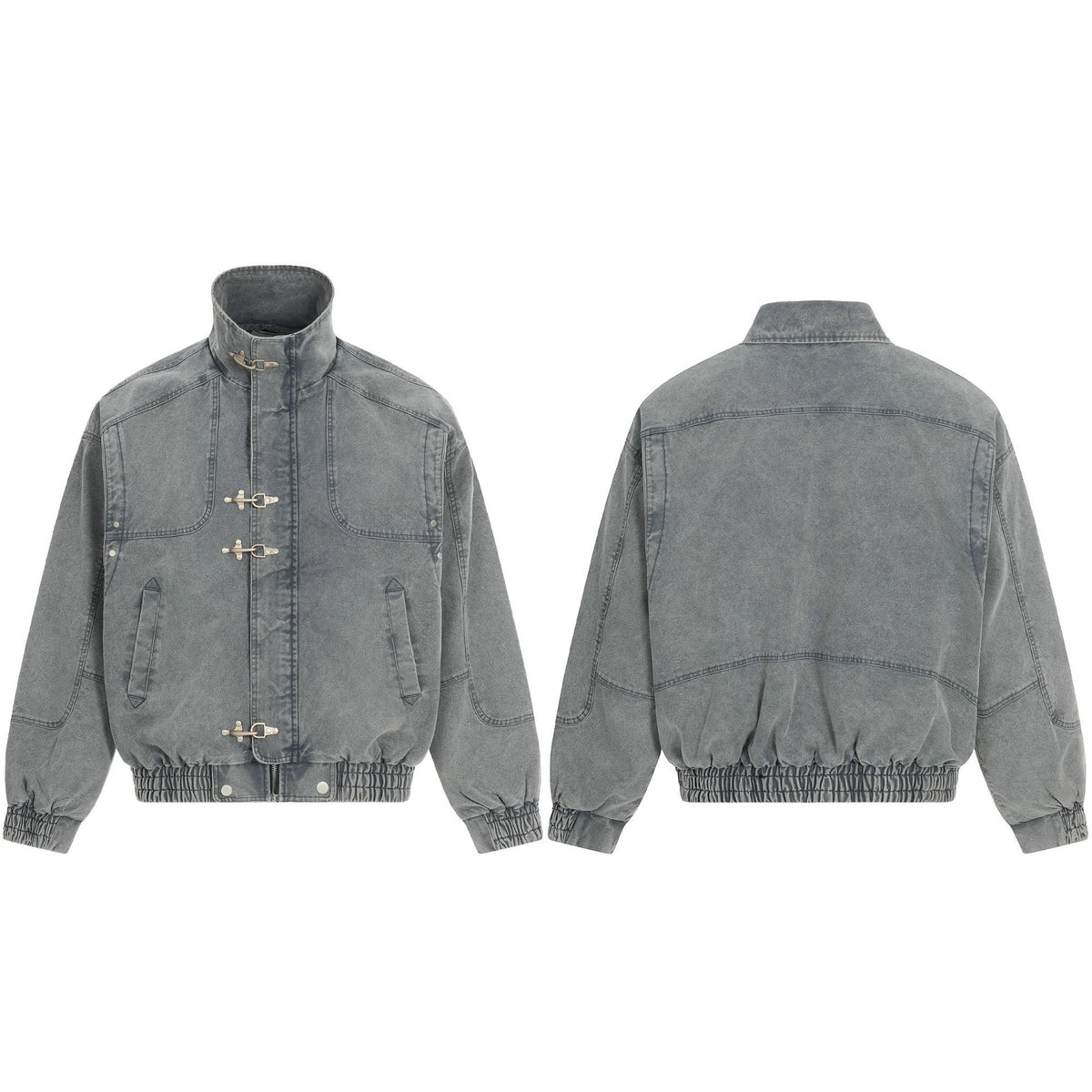 Men's Short-Cut Canvas-Denim Field Blouson with Toggle Closures and High Stand-Up Collar EVA-US