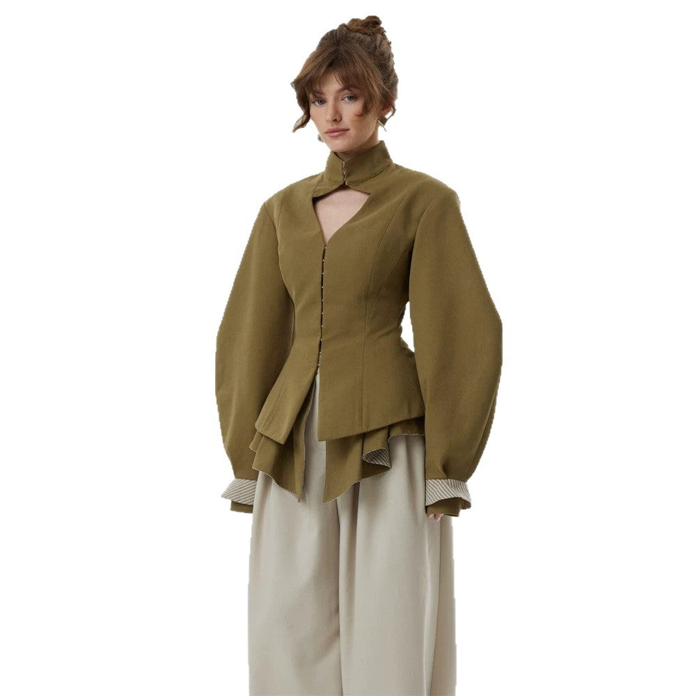 Women's tailored jacket with stand-up collar, cut-out and balloon sleeves EVA-US