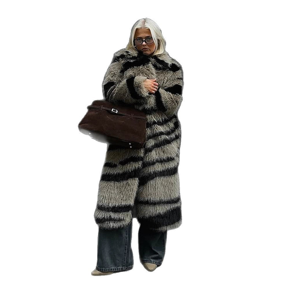 Women's Oversized Faux Fur Coat with Striped Maxi Cut EVA-US