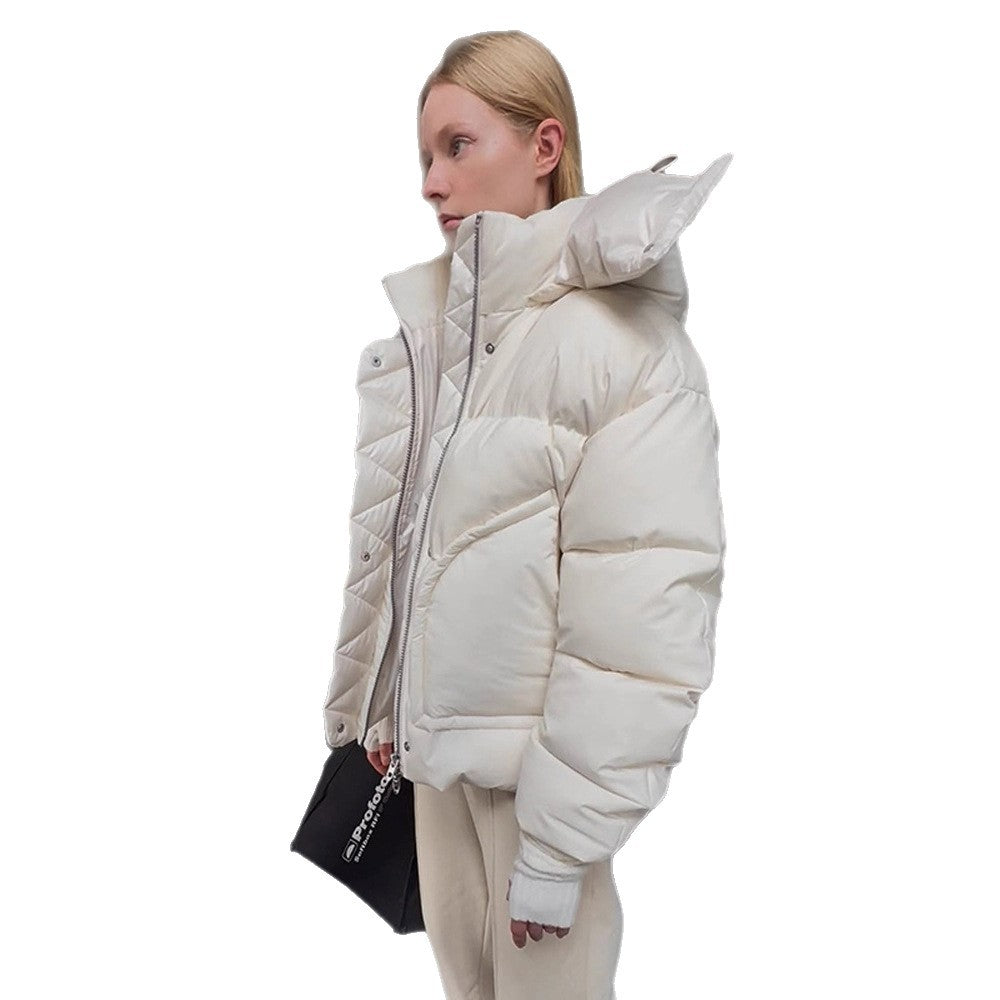 Women Oversized Padded Puffer Jacket with extra high Stand-Up Collar, double front zipper and boxy silhouette EVA-US