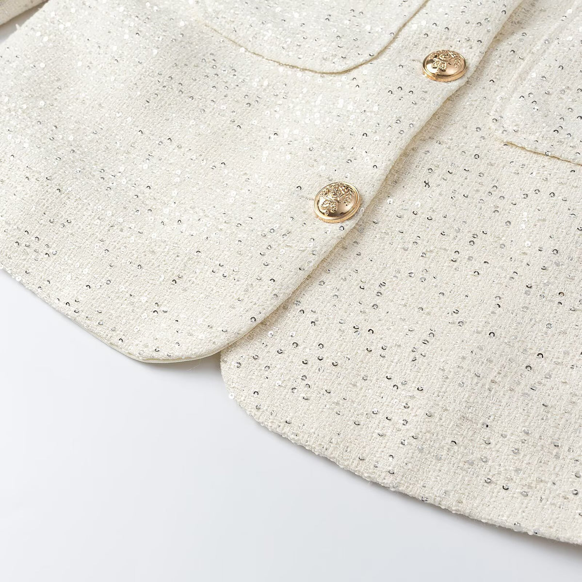 Women Short-Cut Tweed Jacket in Boucle Look with Round Neckline, Decorative Buttons and Flap Pockets EVA-US