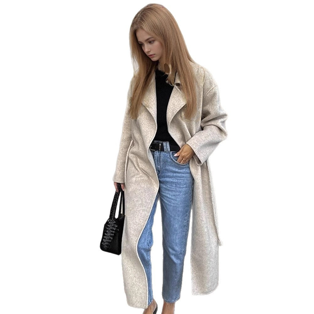 Women's Oversize Wool Blend Coat with Open Fall, Wide Shawl Collar and Straight Cut EVA-US