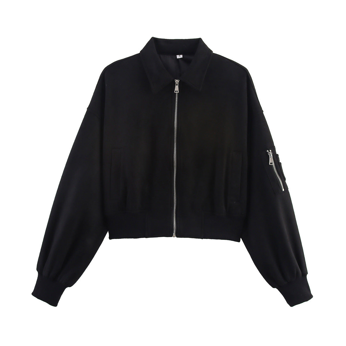 Women's cropped bomber jacket in velour look with shirt collar, sleeve pocket, and fitted ribbed waistband.
