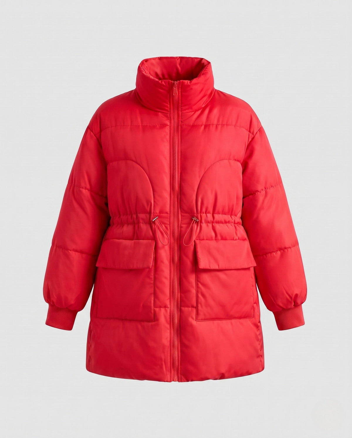 Women's feminine A-line quilted parka with adjustable drawstring, high stand-up collar, and large flap pockets