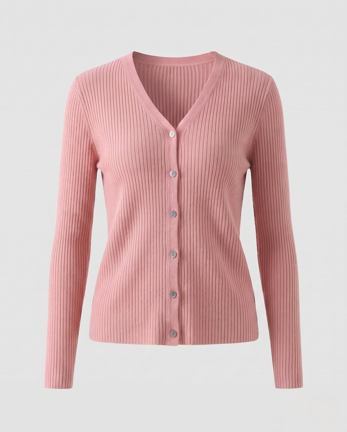 Women Fine Ribbed V-Neck Cardigan in Cashmere Look with Stretchy Rib Structure and Pearl Buttons EVA-US