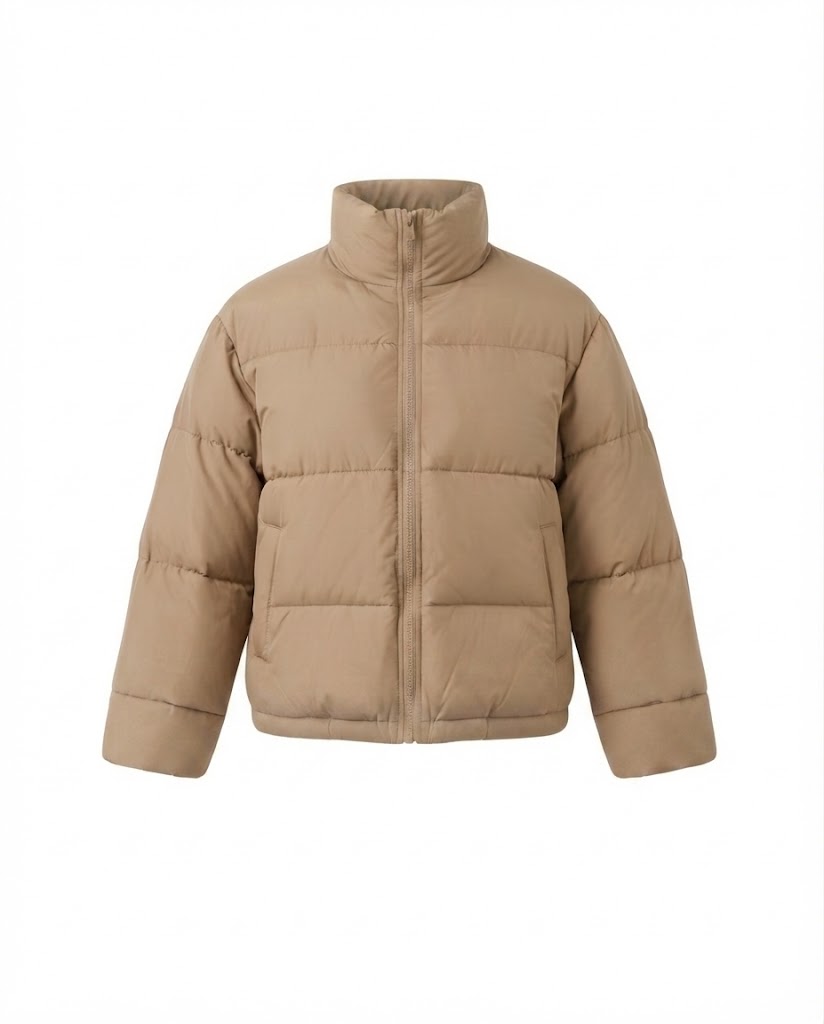 Women's short boxy travel puffer jacket with high collar, reinforced thermal lining, and elastic cuffs
