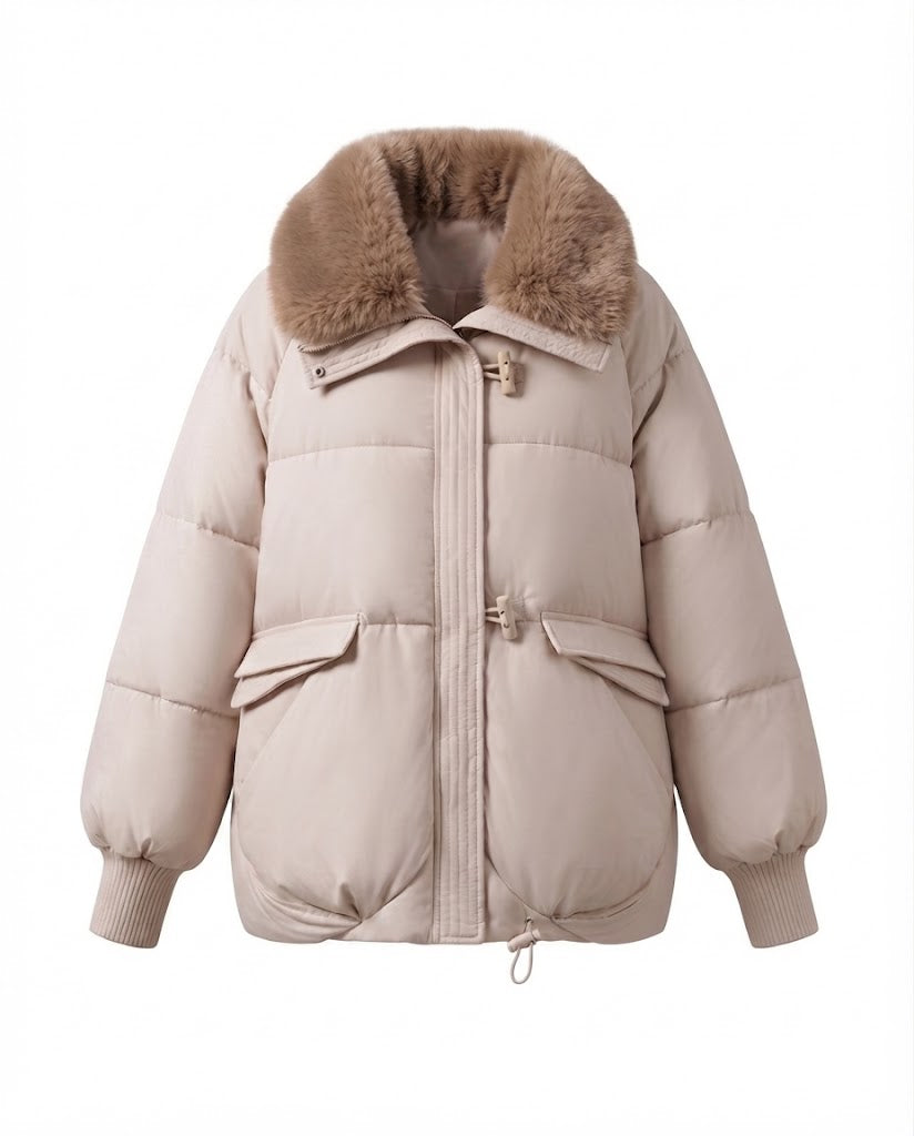 Women's modern oversized puffer with voluminous teddy collar, concealed two-way zipper and adjustable hem