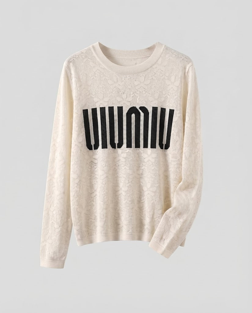 Women's fine knit pullover with round neckline, jacquard structure and logo front EVA-US