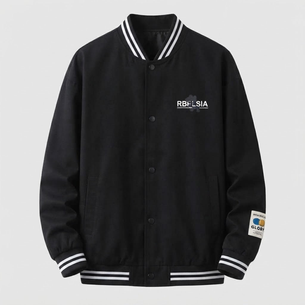 Men's Lightweight College Bomber Jacket with Striped Ribbed Cuffs and Snap Placket EVA-US