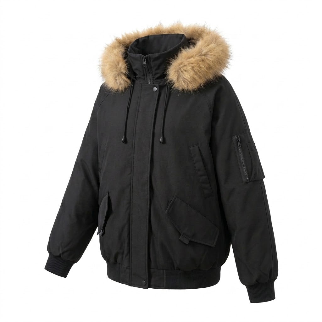 Women's short thermal insulated hooded parka in boxy cut with removable faux fur trim and multifunctional pockets