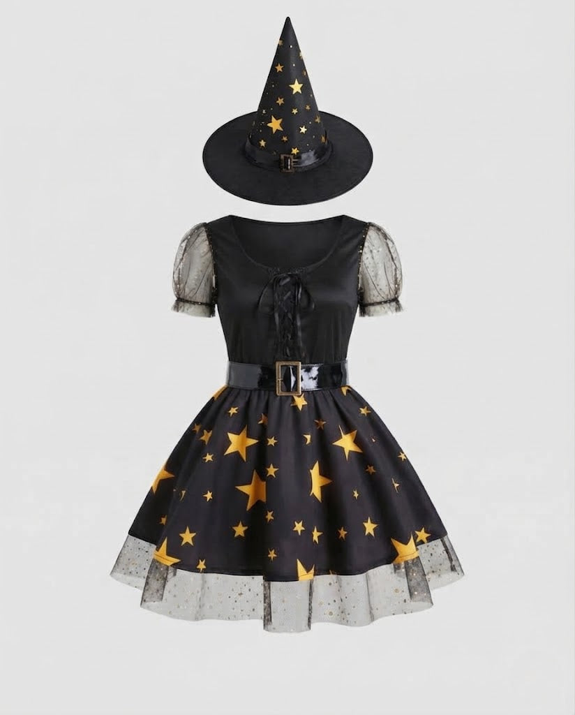 Women's fairy-tale witch costume with stars and lace details EVA-US
