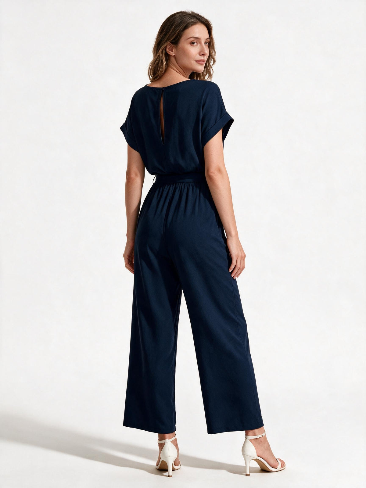 Damen Eleganter Jumpsuit mit weitem Bein und Taillenknoten Nord Taschen