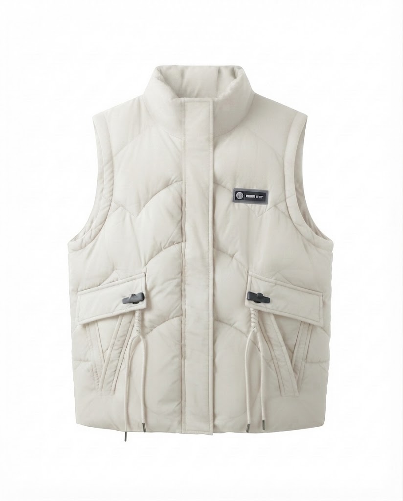 Women's lightweight thermal quilted vest with integrated hooded inner collar, multifunctional outer pockets, and adjustable drawstring.