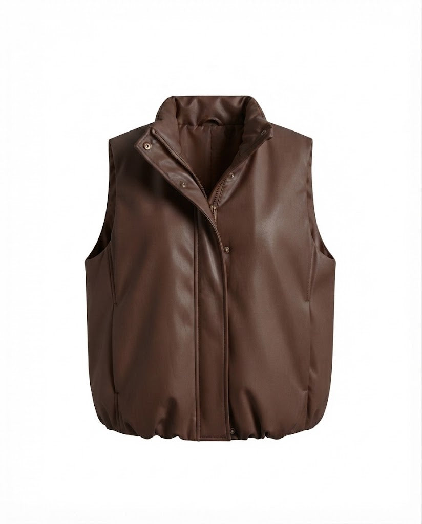 Ladies' oversized padded faux leather vest with high shawl collar and two-way zipper