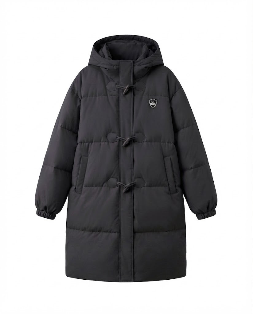 Women's long-cut thermal puffer coat with minimalist button placket, ergonomic stand-up collar, and spacious side pockets