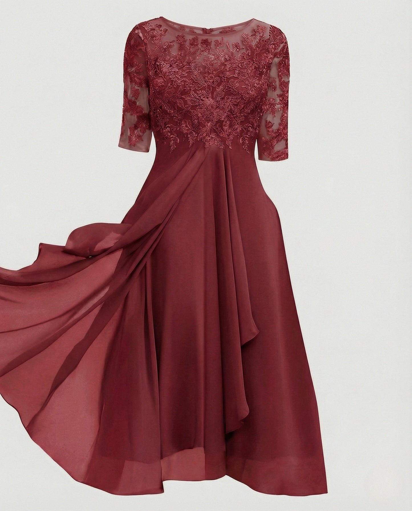 Elegant Chiffon Evening Dress with Lace - Wine Red colorway