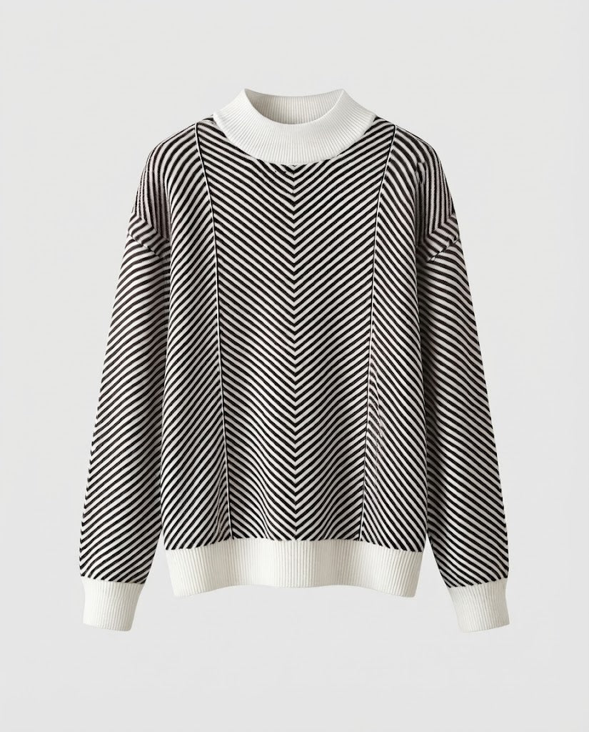 Women's fine-knit pullover with chevron stripes and light mock neck EVA-US