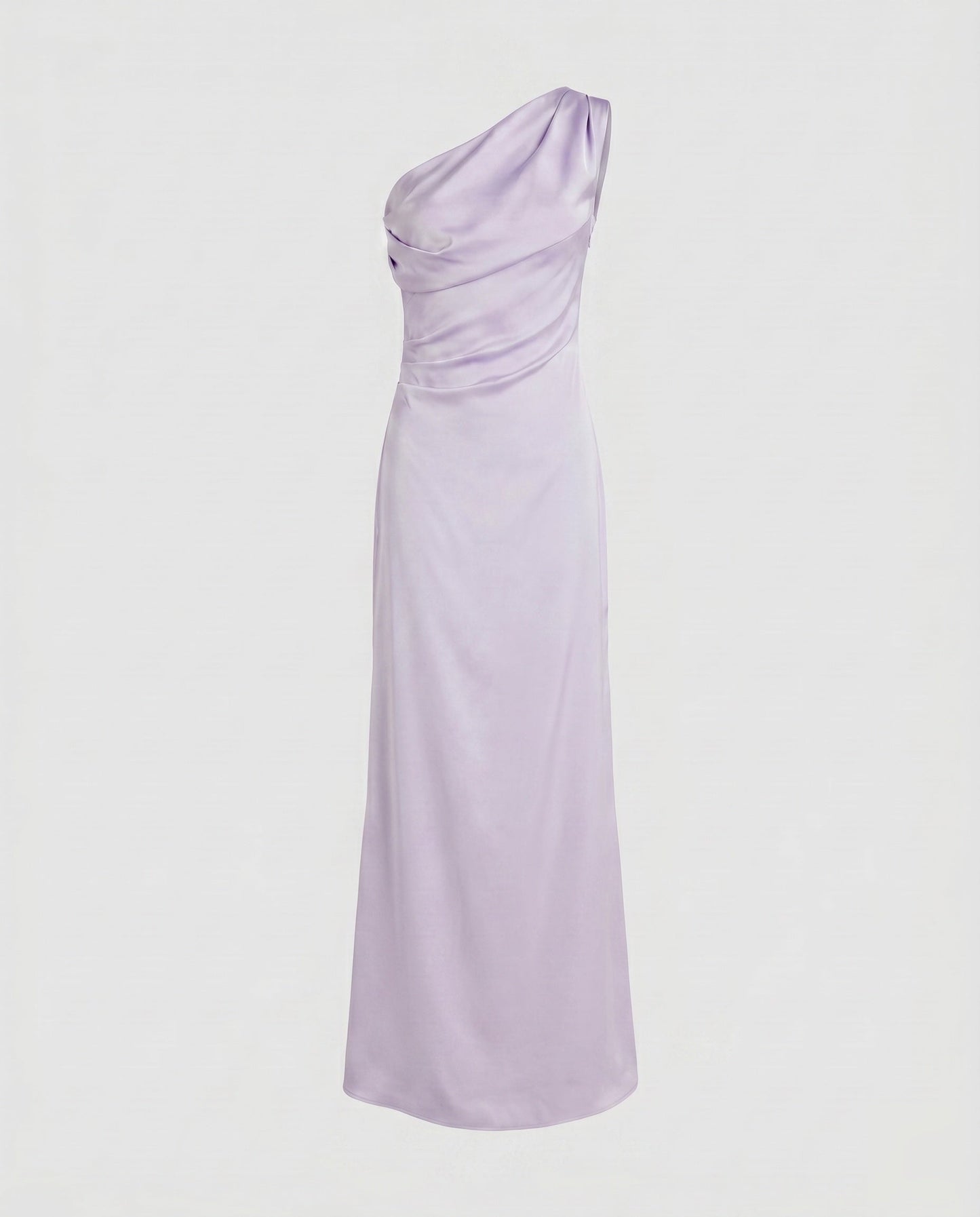 Ladies Elegant Maxi Dress with Asymmetrical Strap and Flowing Satin Finish - Light Lilac colorway