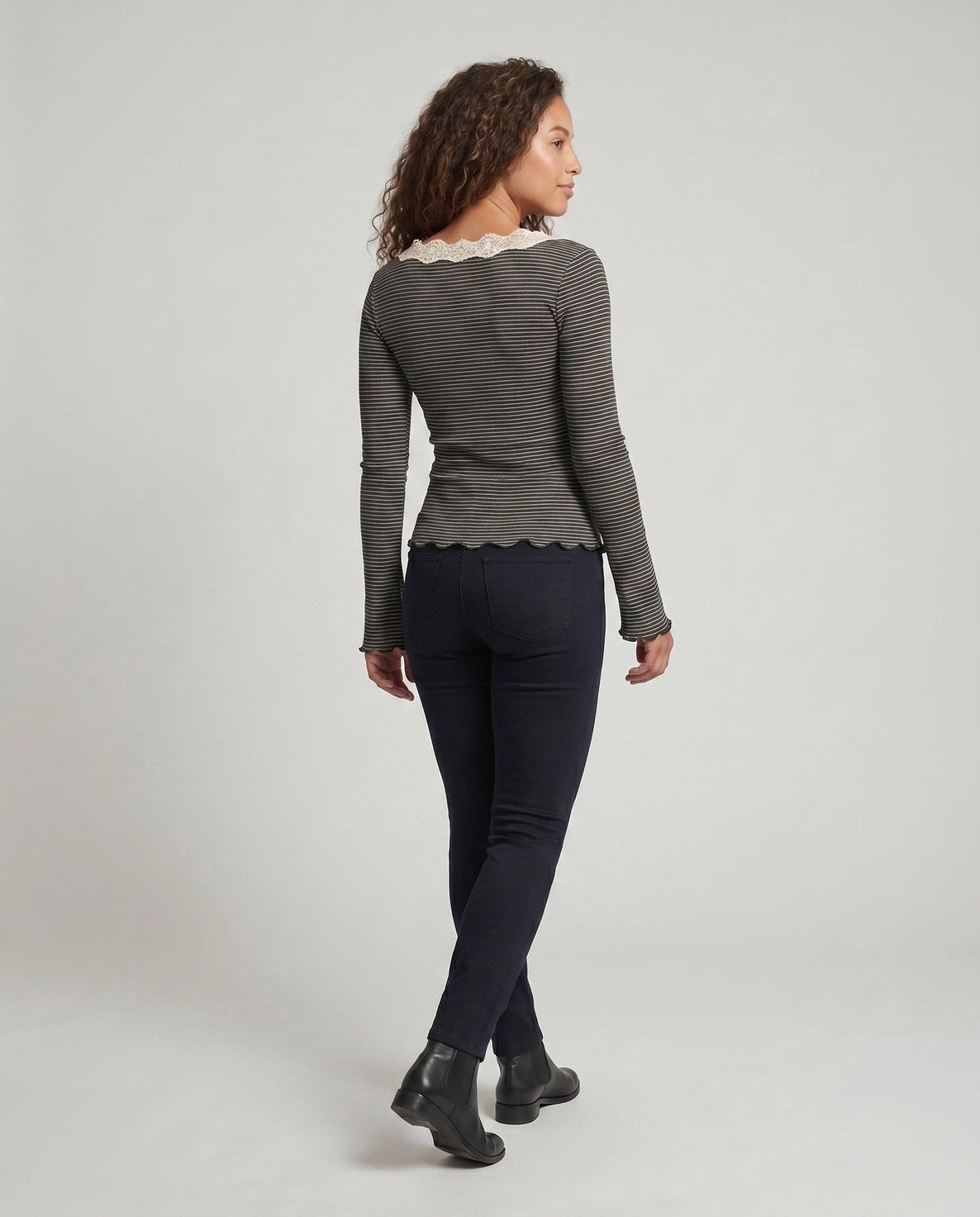Ladies long sleeve shirt with elegant lace collar and striped design - Chichicherry