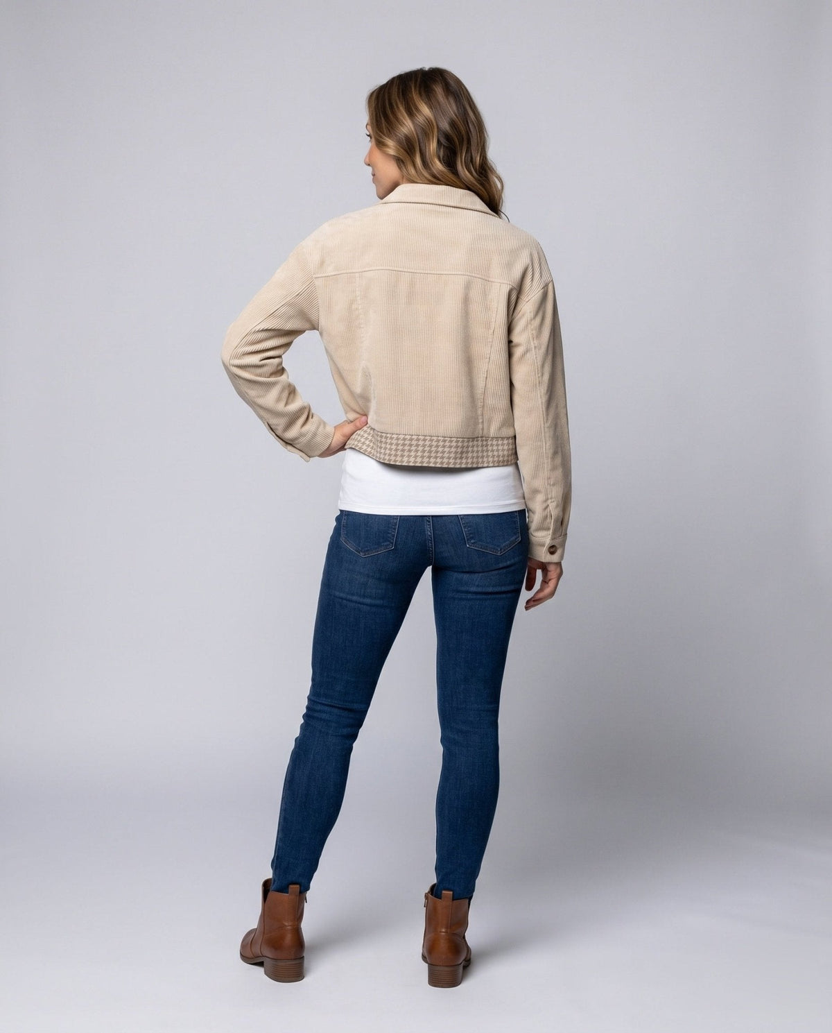 Women Checked Cord Jacket with Pockets and Button Details - Chichicherry