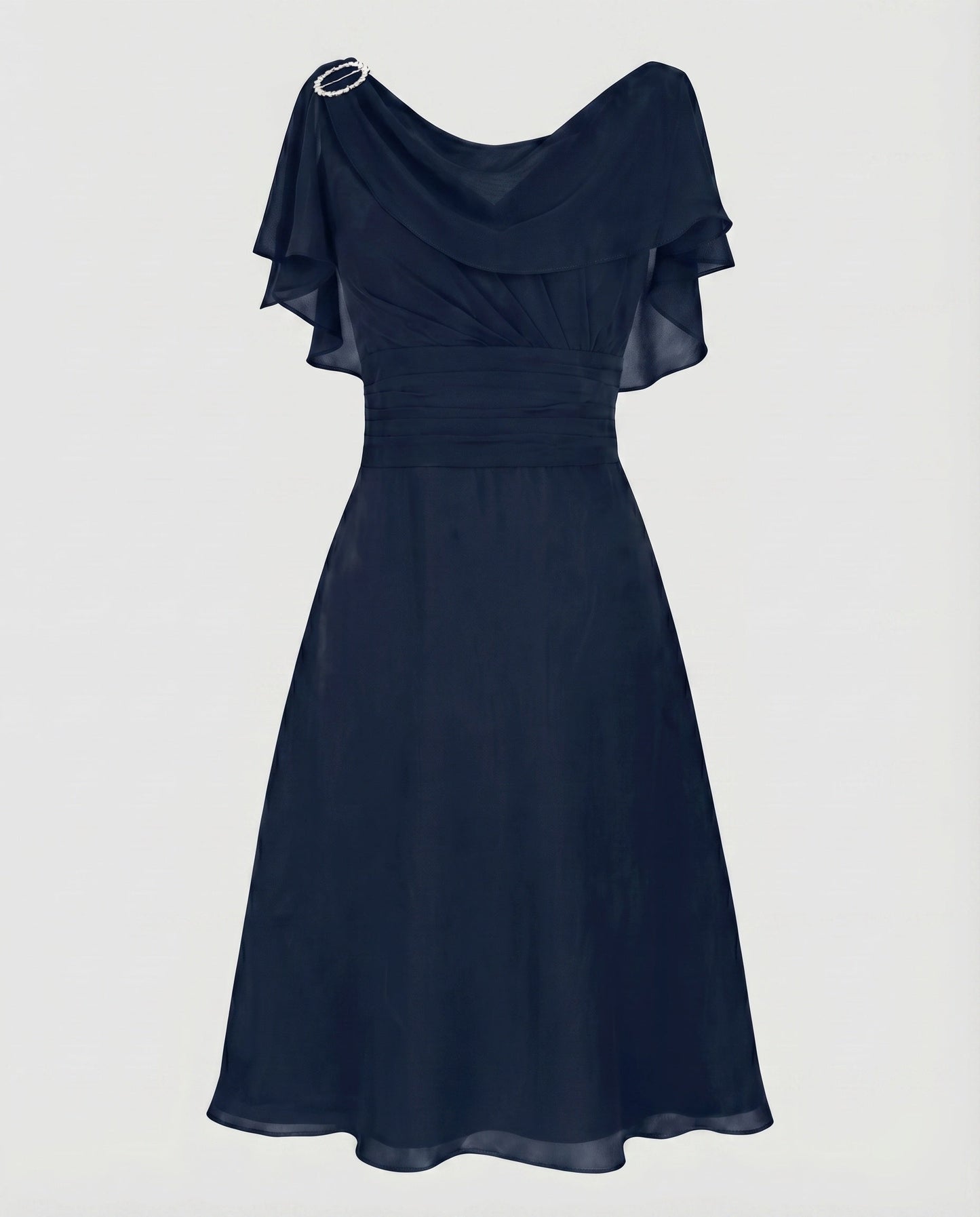 Women Chiffon Midi Dress Waterfall Neckline Ruffle Sleeves Gathering - Dark Blue colorway