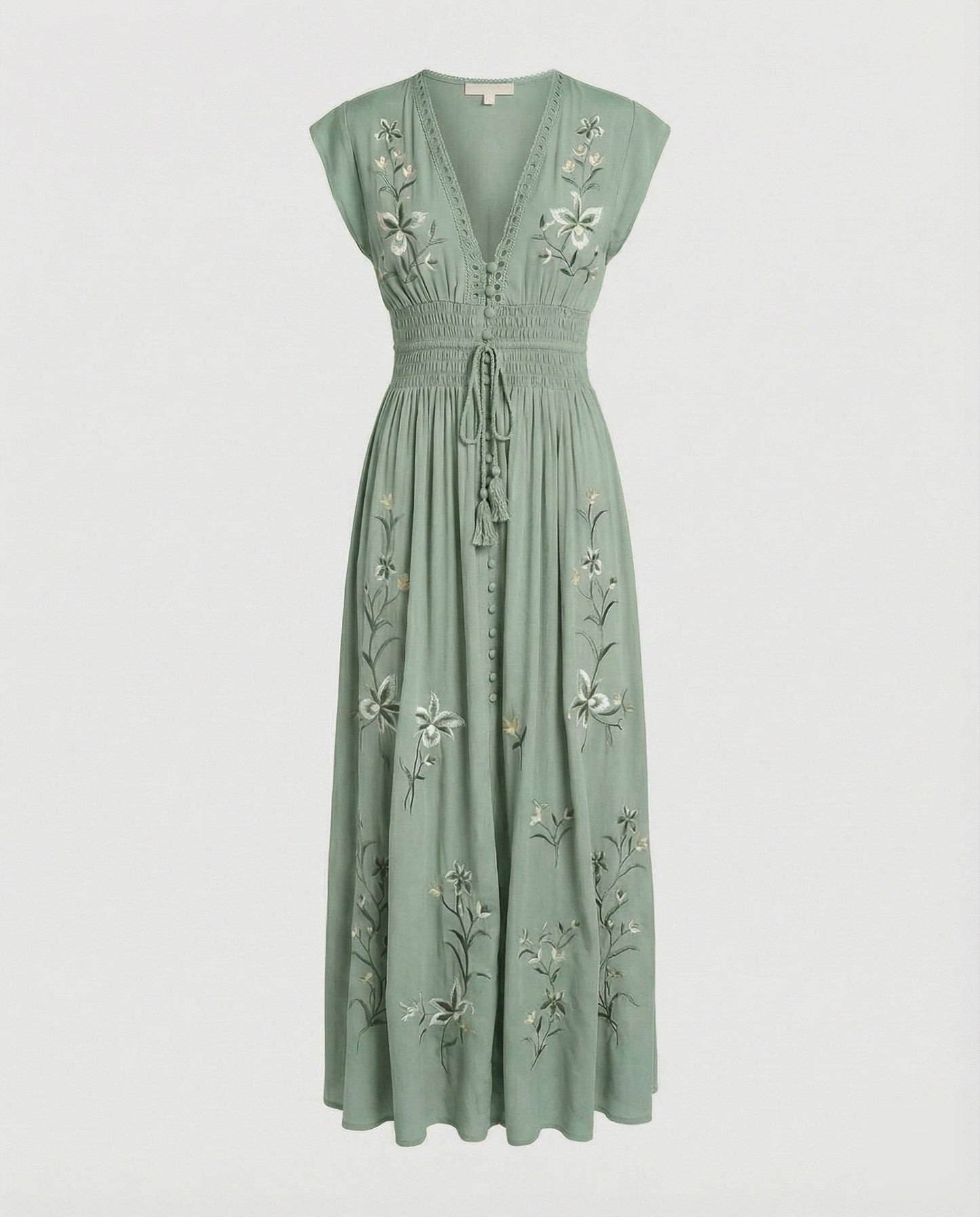 Women Embroidered Beach Maxi Dress - Light Green colorway