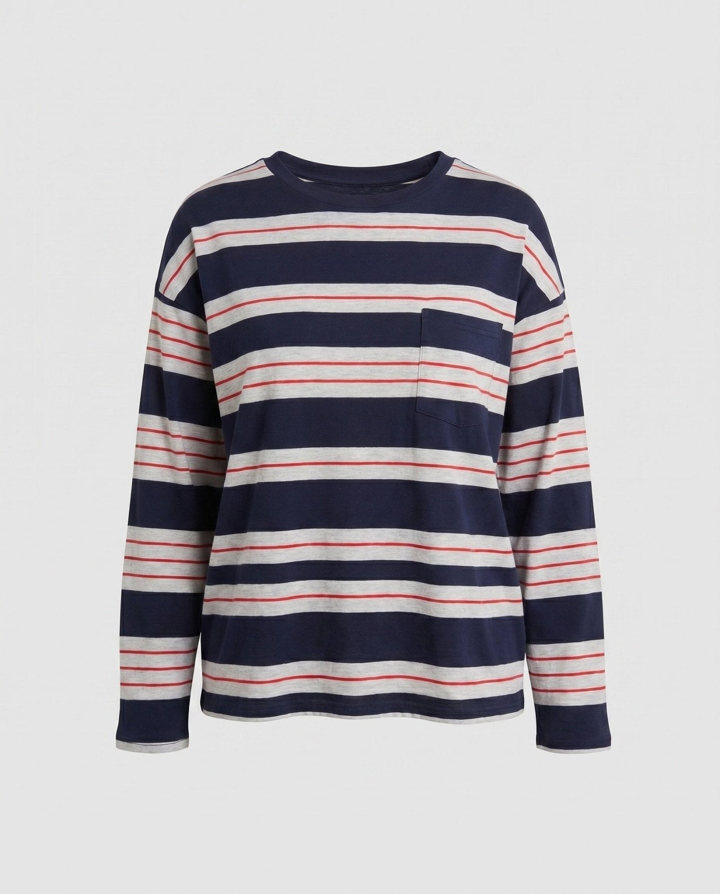 Women's Classic Long Sleeve Shirt with Maritime Stripe Pattern and Pocket Accent - Chichicherry