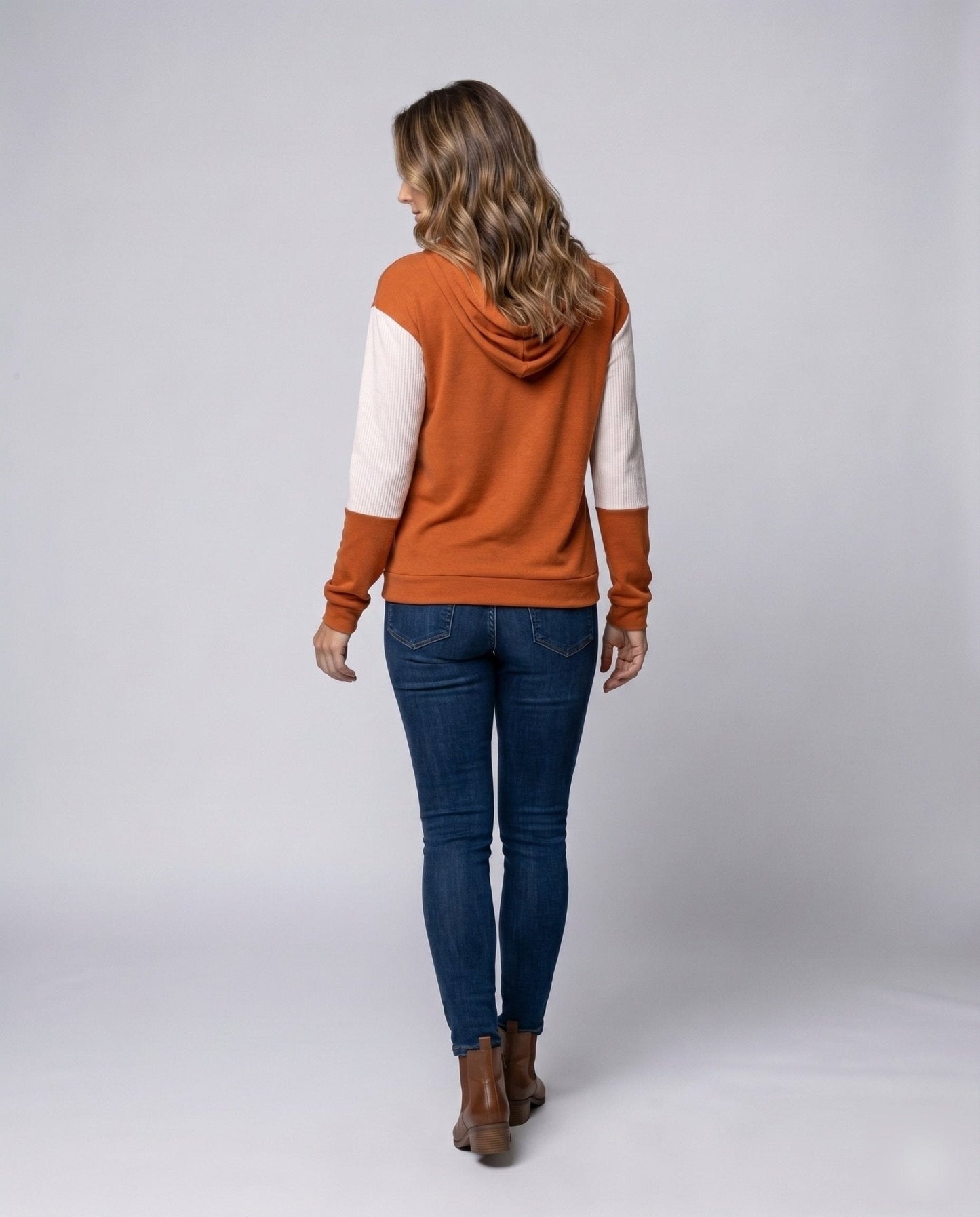 Women's hoodie with fashionable color block design and elegant V-neck - Chichicherry