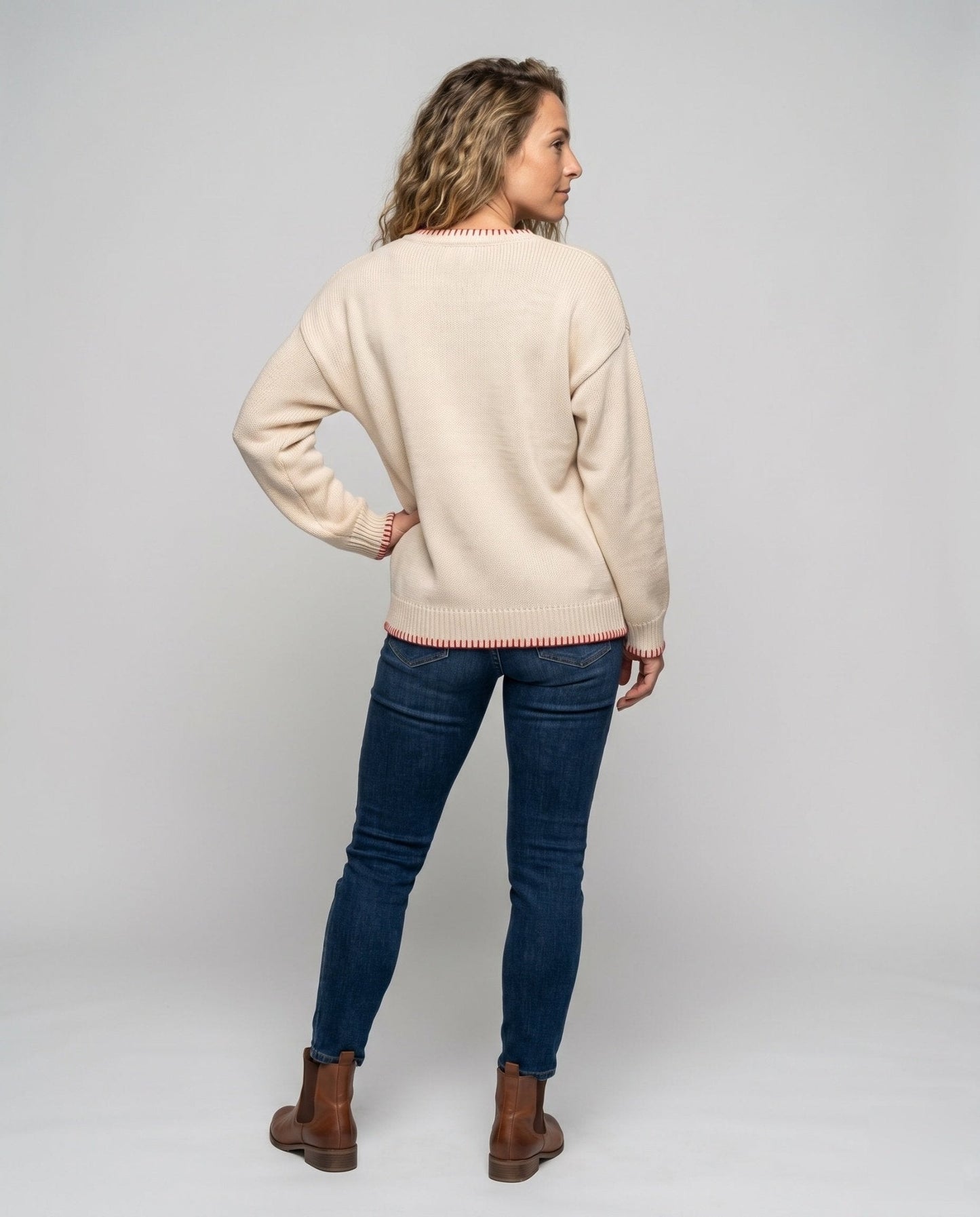 Women's knitted sweater with a casual crab motif and modern stripe accents - Chichicherry