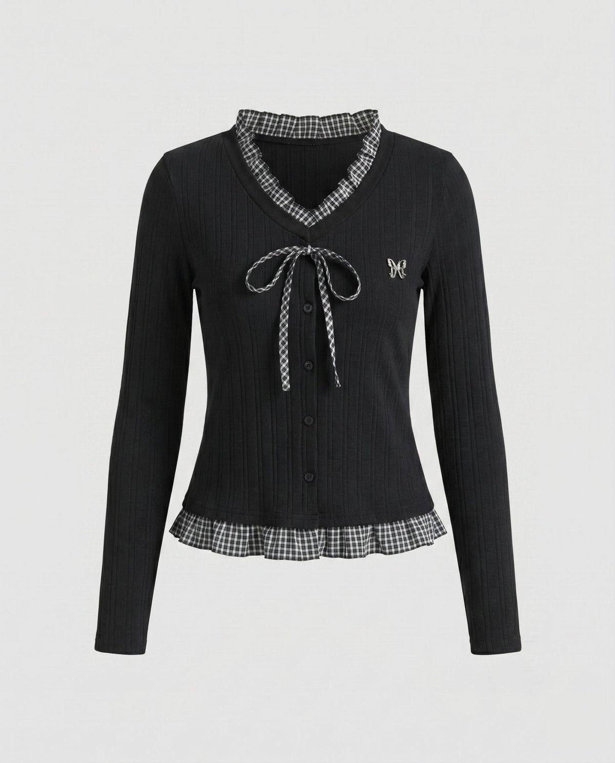 Women's long sleeve blouse with playful ruffled hem and decorative loop design - Chichicherry