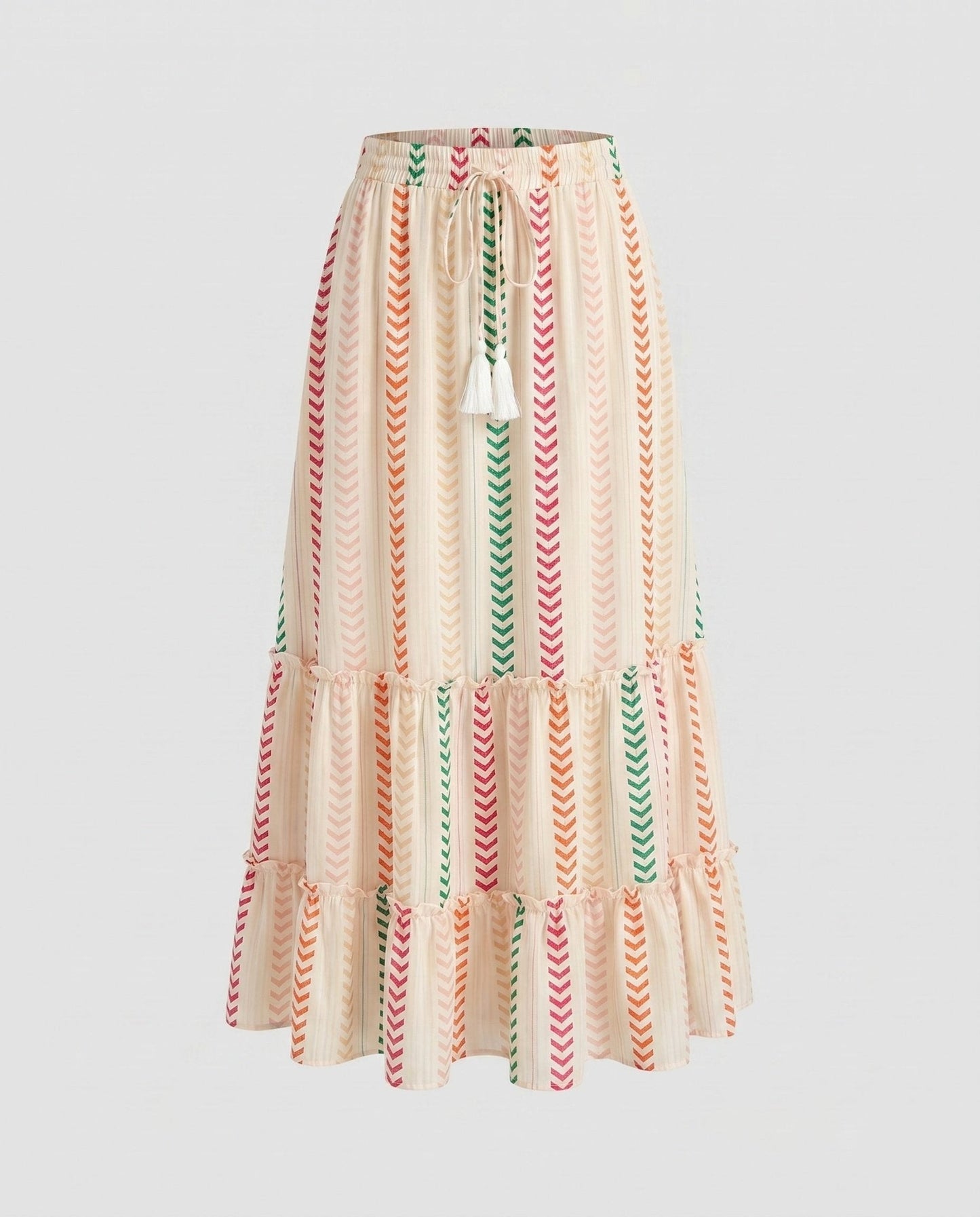 Women's maxi skirt with colorful boho pattern and playful ruffles - Chichicherry