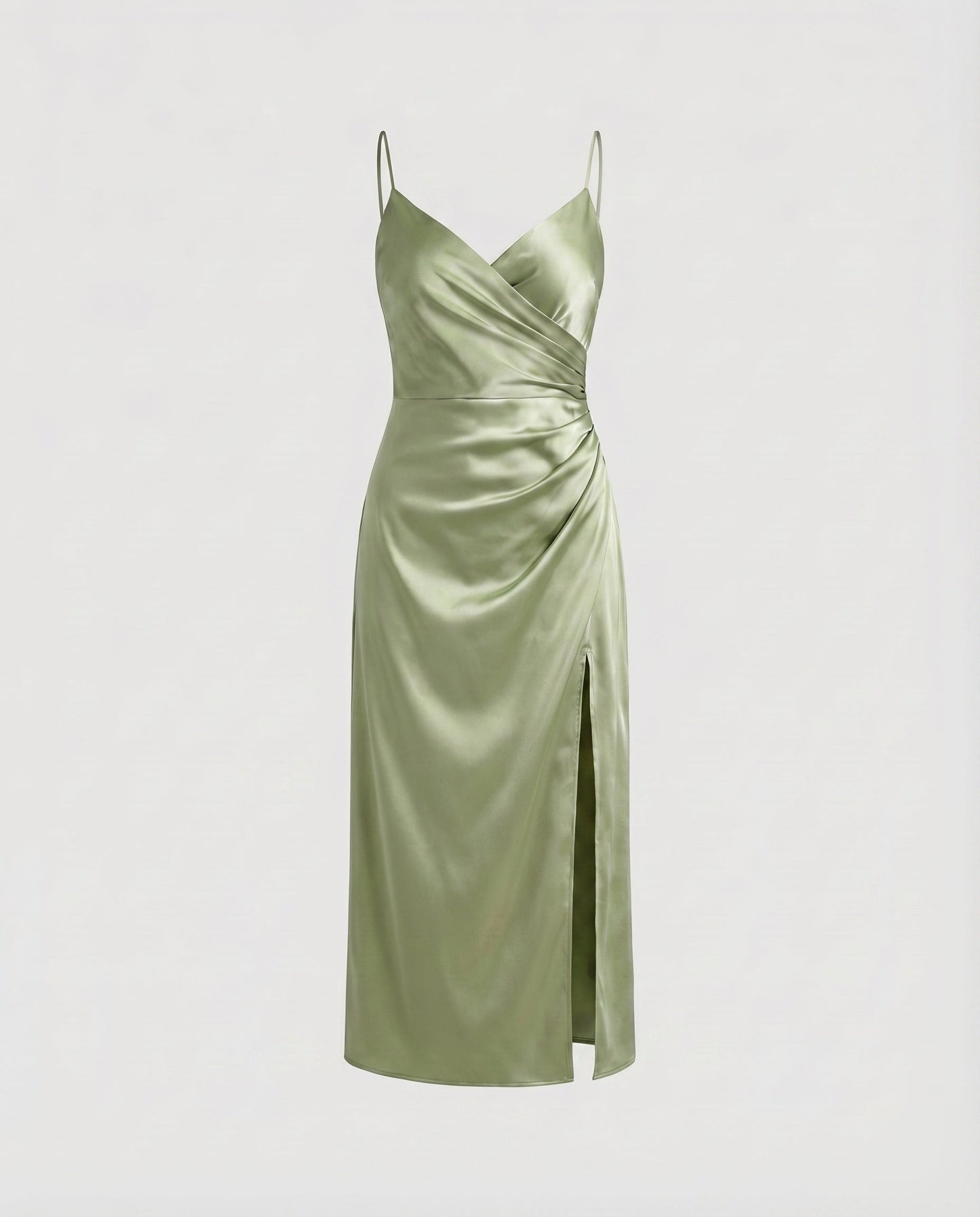 Women's Satin Midi Dress V-Neck Diagonal Cut Side Slit - Green colorway