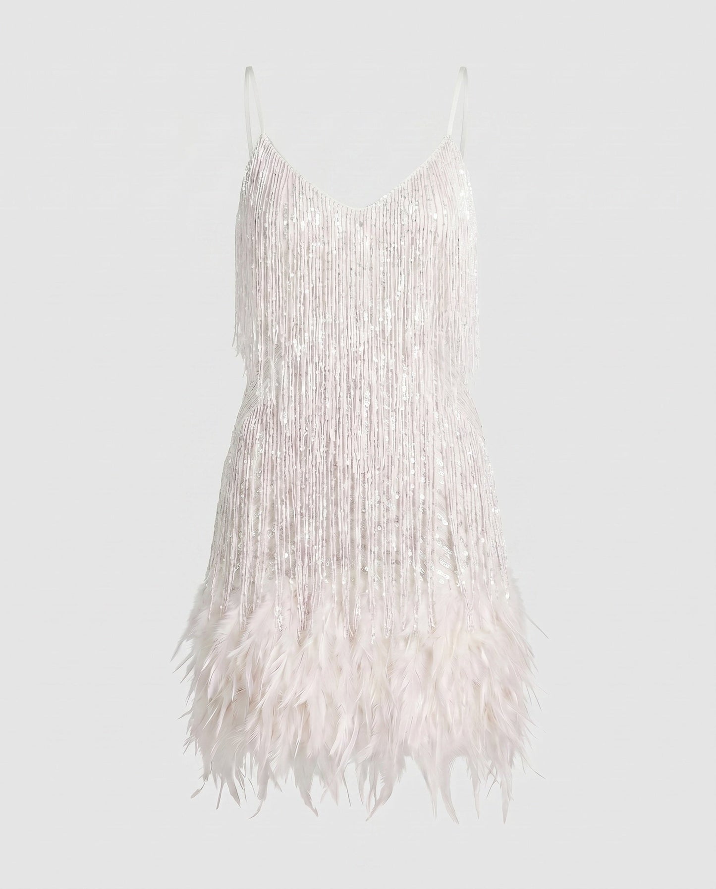 Women's Sparkling Fringe Mini Dress with Feathers - White colorway