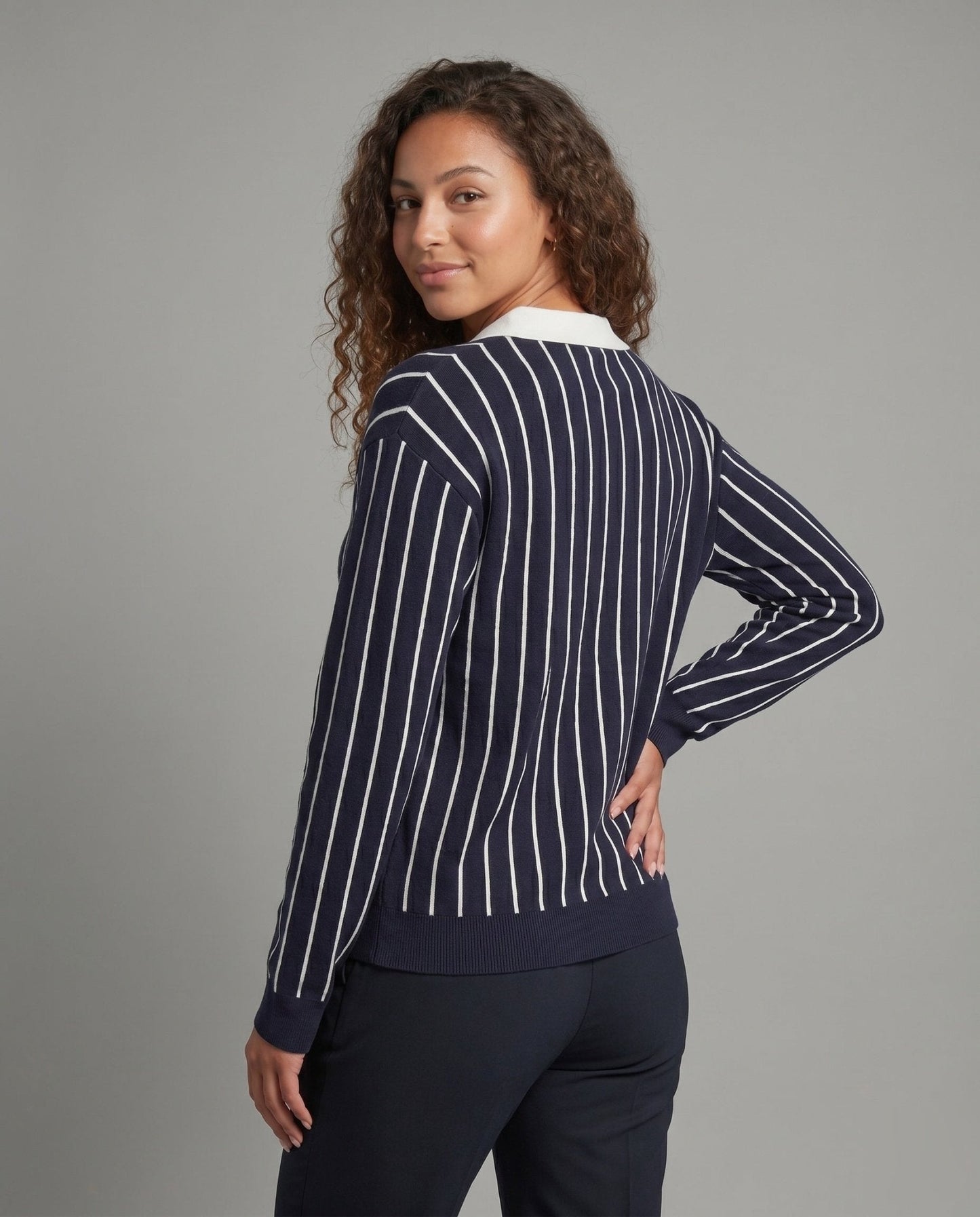Women's stylish knit top with classic collar and striped pattern - Chichicherry