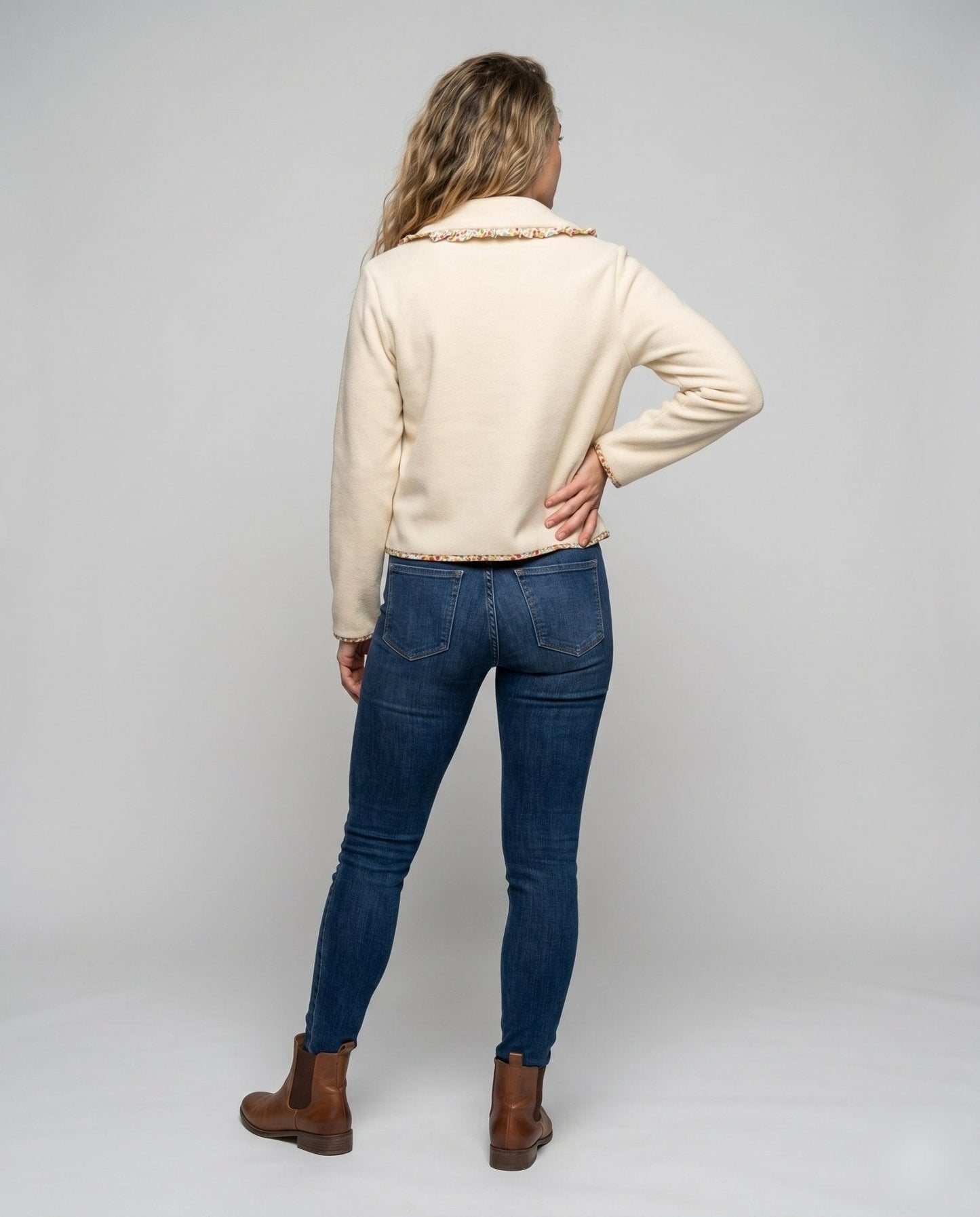 Women's timeless blazer jacket with colorful collar and elegant button details - Chichicherry
