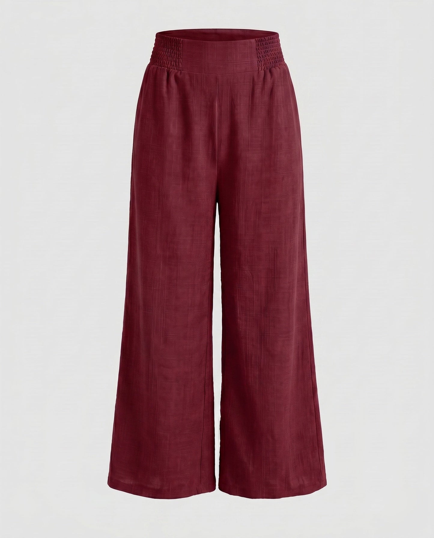 Women's Wide Linen Pants with Elastic Waistband and Decorative Pleats - Wine Red colorway