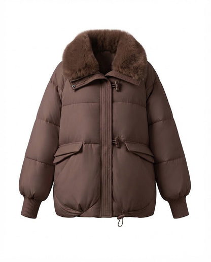 Women's modern oversized puffer with voluminous teddy collar, concealed two-way zipper and adjustable hem