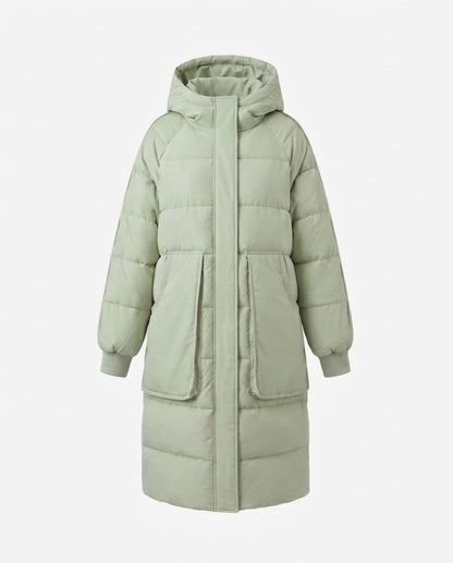 Women's longer padded hooded coat with oversized patch pockets, elastic cuffs, and concealed two-way zipper
