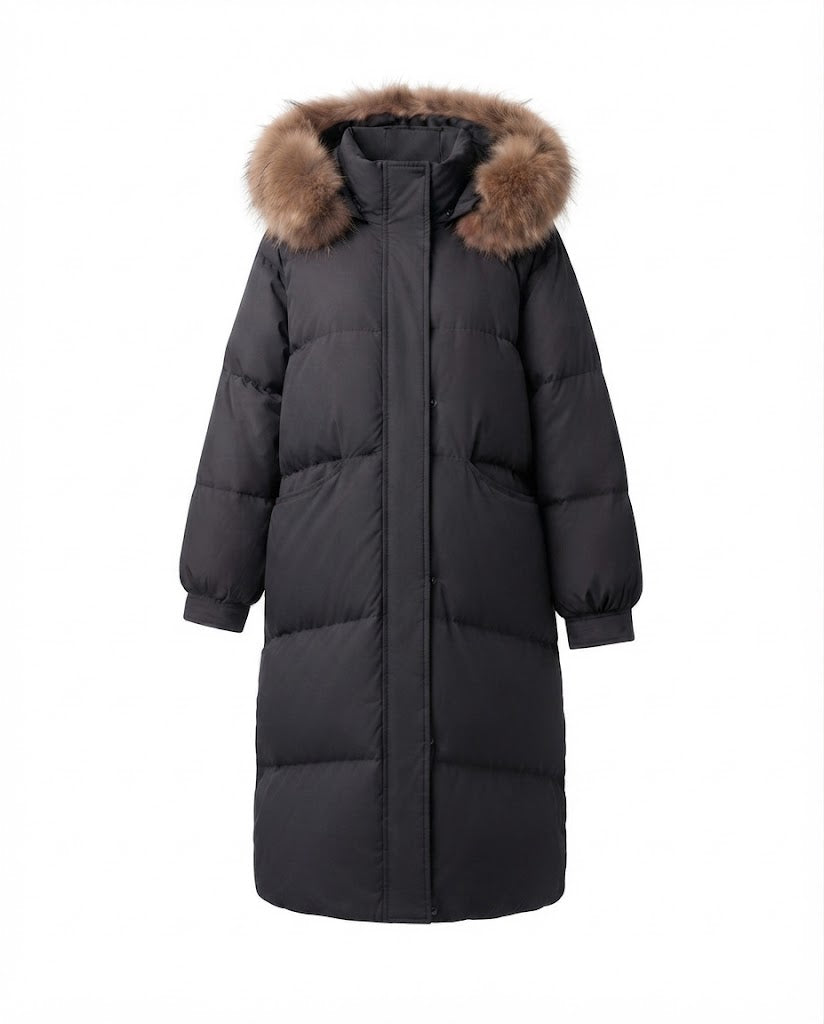 Women's longer quilted winter parka with feminine A-line, detachable hood, and extra large side pockets