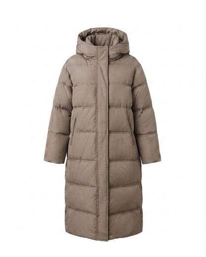 Women's longer padded quilted coat with two-way zipper, adjustable hem, and windproof outer shell