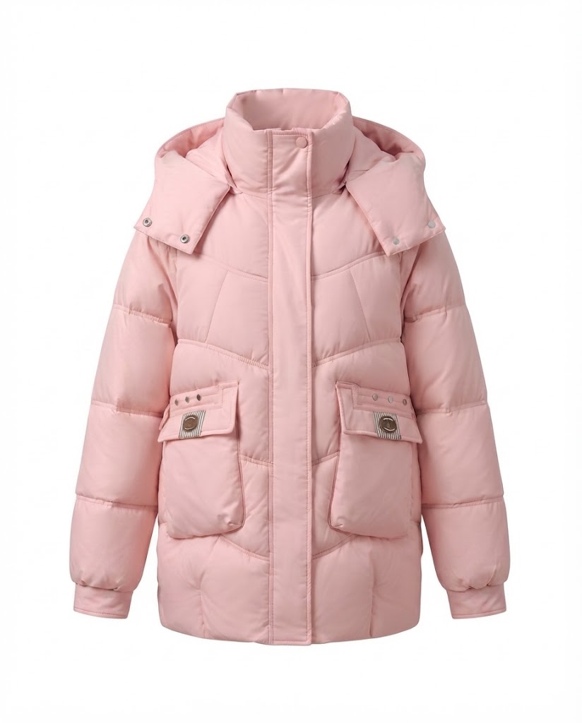 Women's mid-length padded parka with high stand-up collar flap, stowable hood, and large cargo pockets