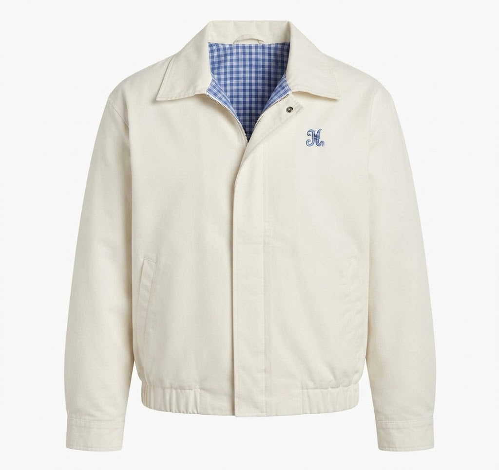 Women's lightweight windproof blouson jacket with checked lining, elastic hem, and subtle logo embroidery