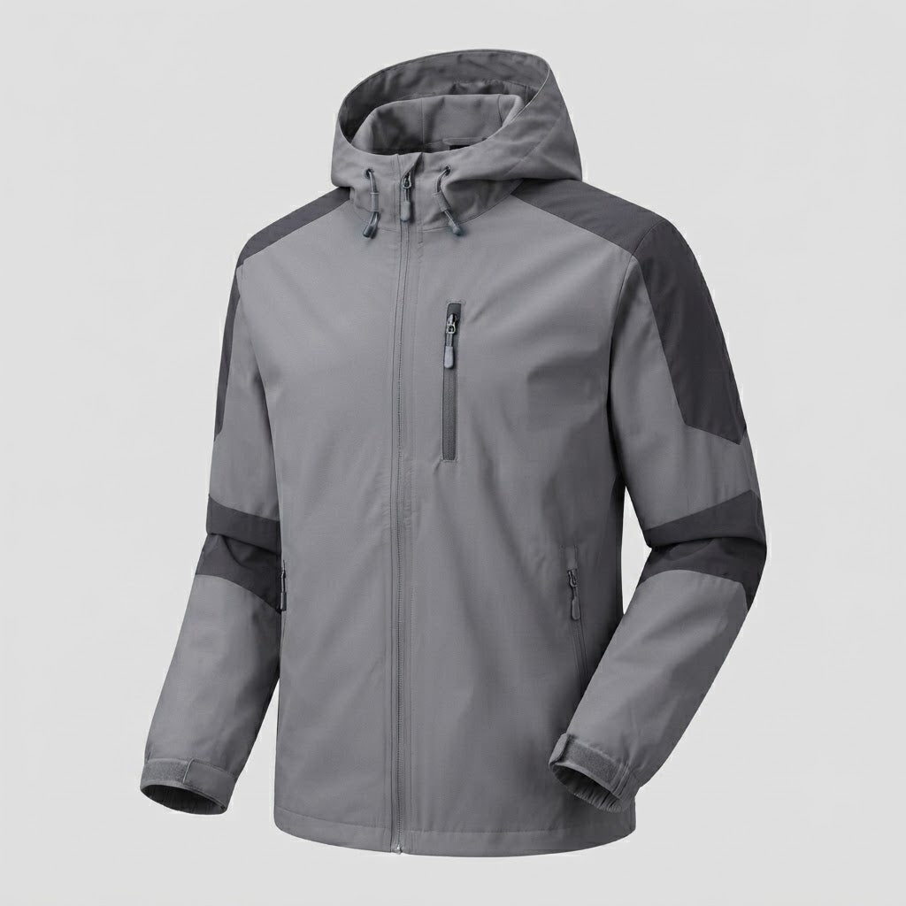 Men's lightweight water-repellent hooded softshell jacket with contrast stripes and chest zip EVA-US