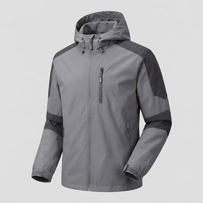 Men's lightweight water-repellent hooded softshell jacket with contrast stripes and chest zip EVA-US