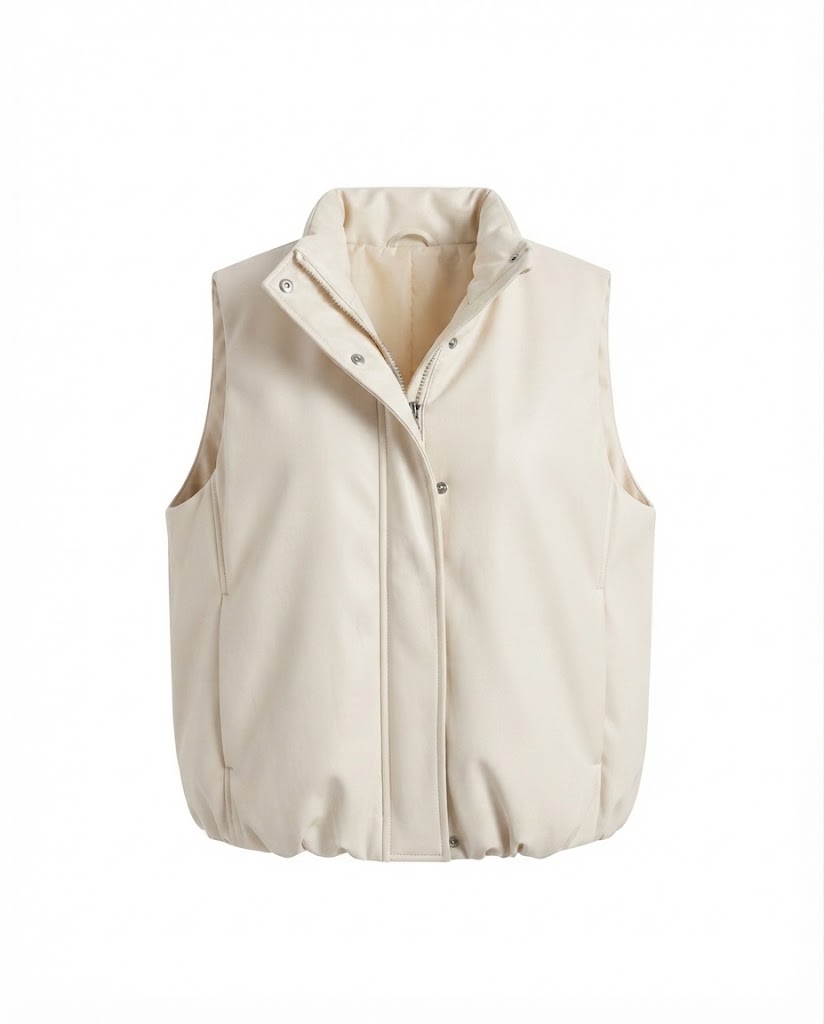 Ladies' oversized padded faux leather vest with high shawl collar and two-way zipper