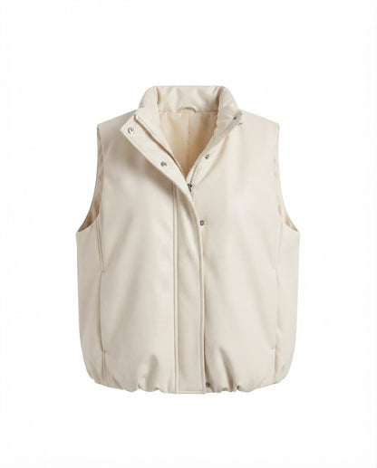 Ladies' oversized padded faux leather vest with high shawl collar and two-way zipper